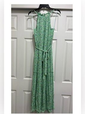 Green Floral Halter Maxi Dress with Tie Waist